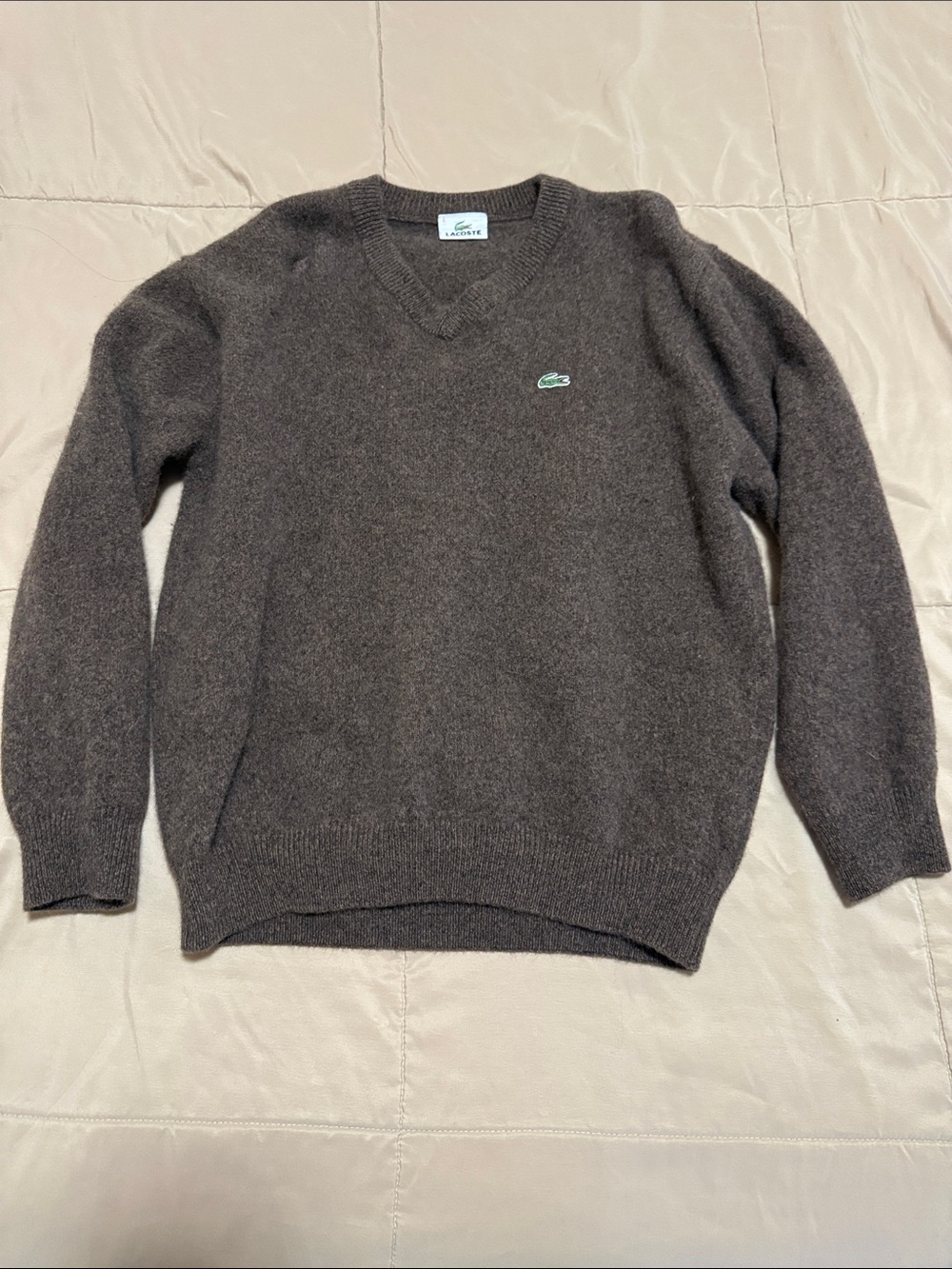 Lacoste Women’s V-Neck Brown Wool Blend Sweater with Crocodile Logo